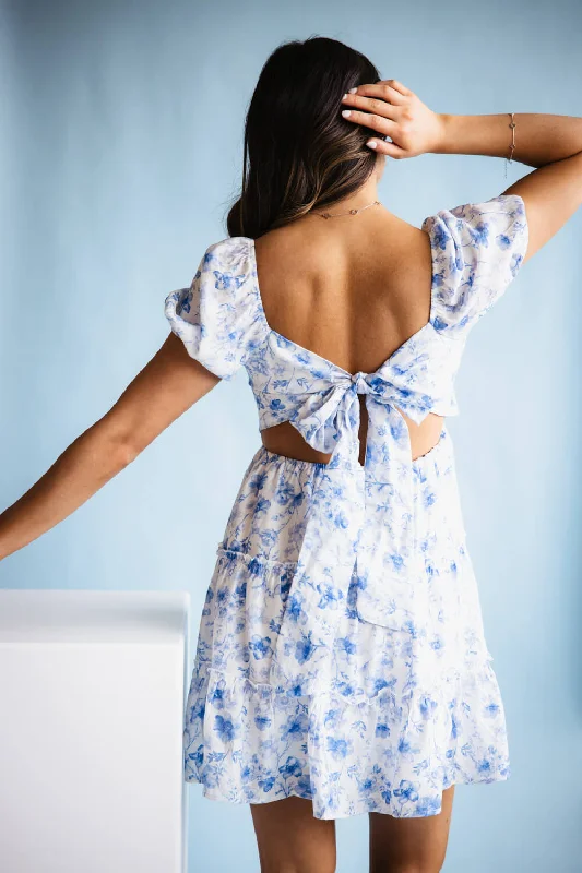 Tiered Floral Back Tie Dress for Women in Blue | TB8818-BLUE