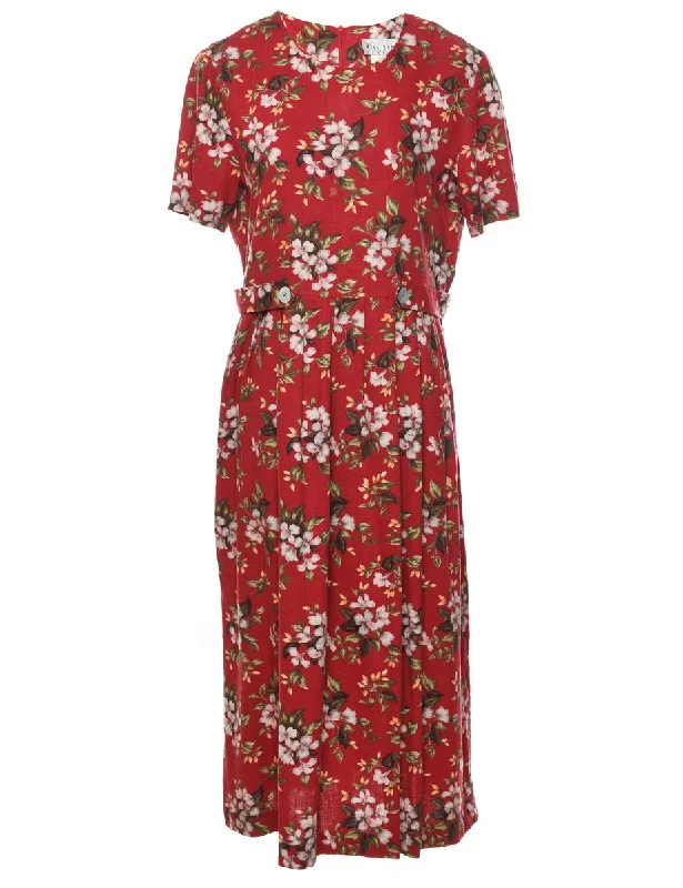 Red Floral Print Dress - L