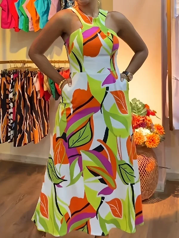 Print Casual Vacation Ready Halter Dress with Plant Print - Polyester