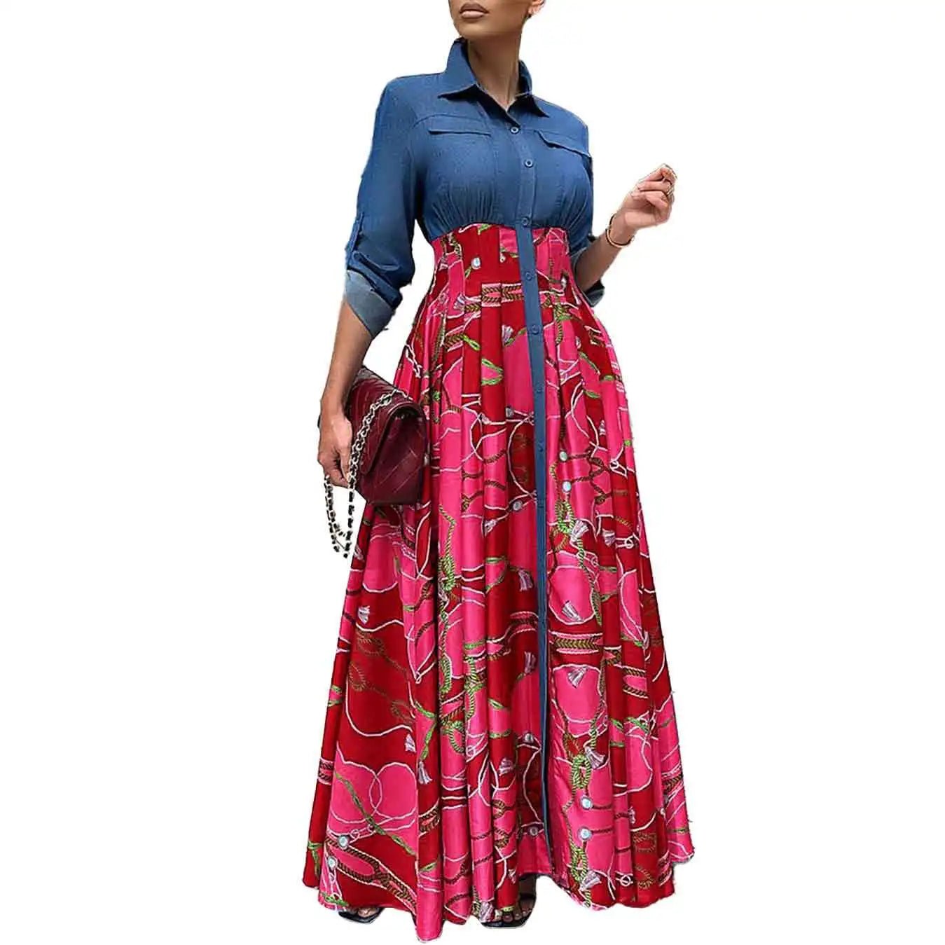 Autumn Winter African Dresses Women Long Sleeve Printing Polyester Red Blue Long Dress Maxi Clothes