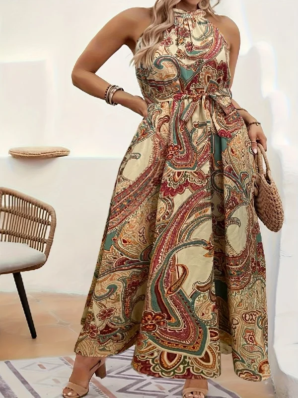 Plus Size Paisley Print Halter Neck Dress - Cinched Waist Sleeveless Vacation Dress for Spring & Summer