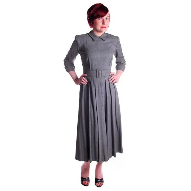Vintage Heather Gray Wool Gabardine Day Dress 1950's Lenbarry 38-26-44