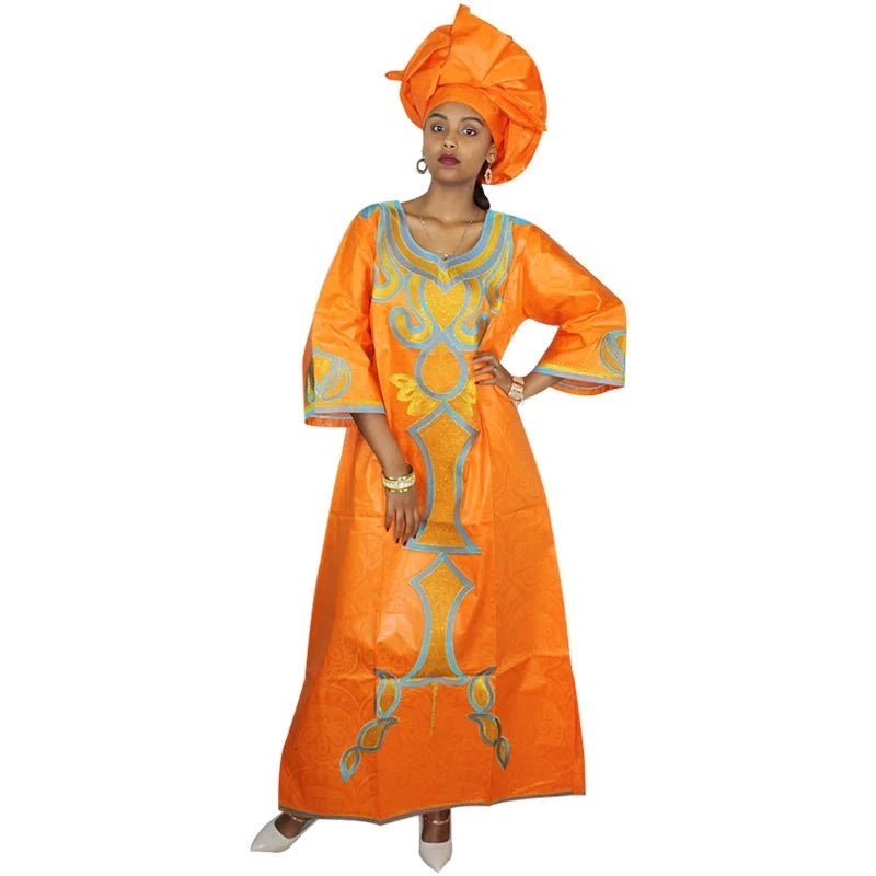 Women's African Fashion Set – Bazin Riche Embroidered Long Dress