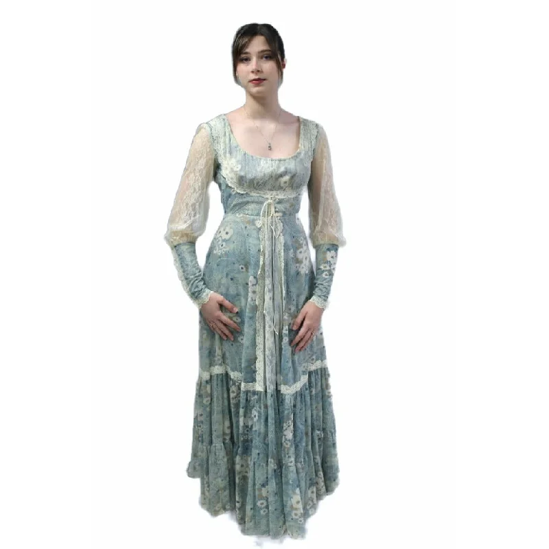 VTG 70s Jessica Mcclintock Gunne Sax Dress Cottagecore Blue Floral Lace XS
