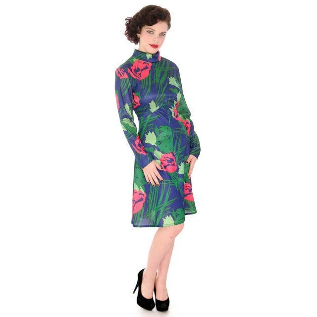 Vintage Dress A Line Dress Emilio Borghese Polyester Blues 1970s Medium