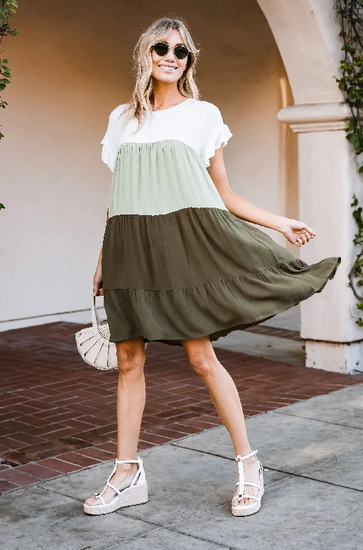 Sage Tiered Color Blocked Dress
