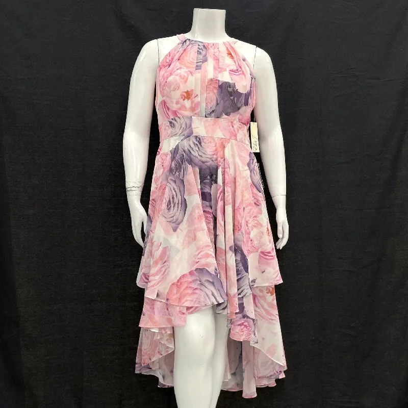 NWT Wmns ELIZA J Pink & Purple Floral Chiffon High Low Dress Sz 14 MSRP$228