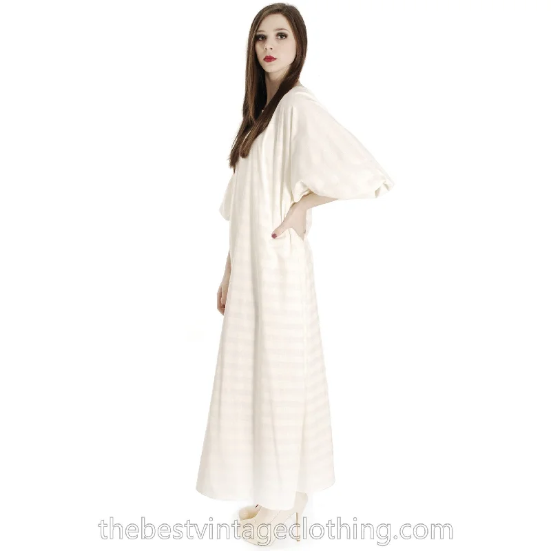 Vintage Vuokko Horizontal Striped Gown Balloon Sleeves Dress Sz S White & Cream  1970s