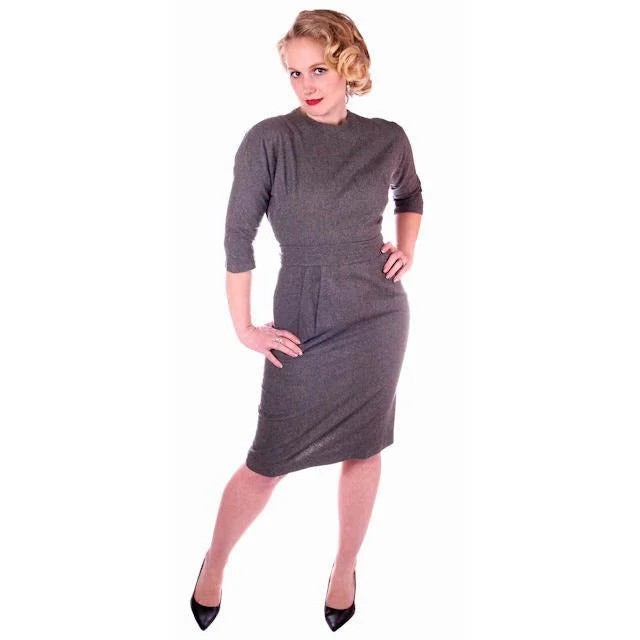 Vintage Gray Wool Secretary Dress 1950S 38" Bust