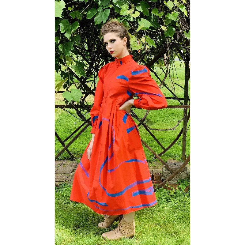 Vintage Vuokko Womens  Dress XXS Bright Red Blue Abstract Print Cotton 1970s