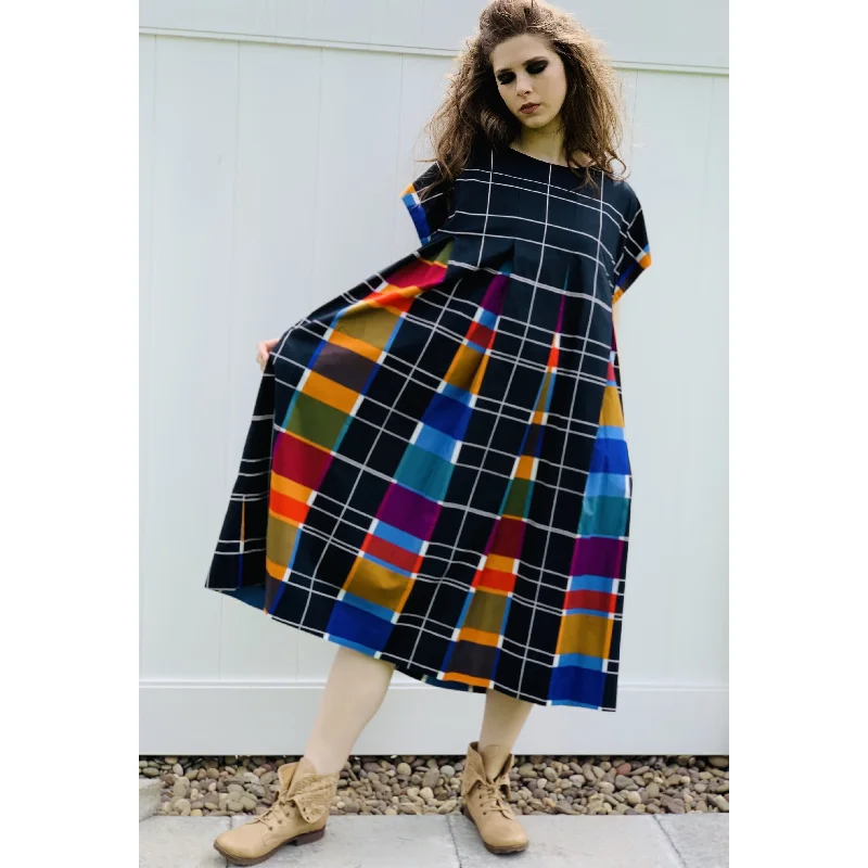Vintage Marimekko Dress Black/Color Plaid Hidden Style Midi Gown 1970s Size L