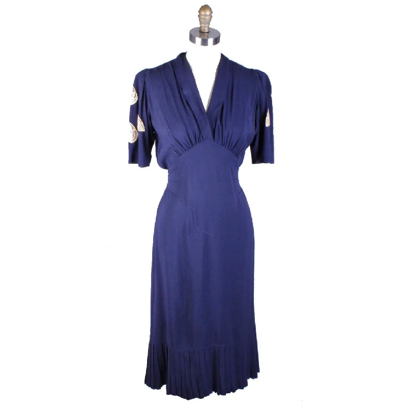 Vintage 1940s Dress Rayon Navy Blue With Lace Appliques WW2 Sz M