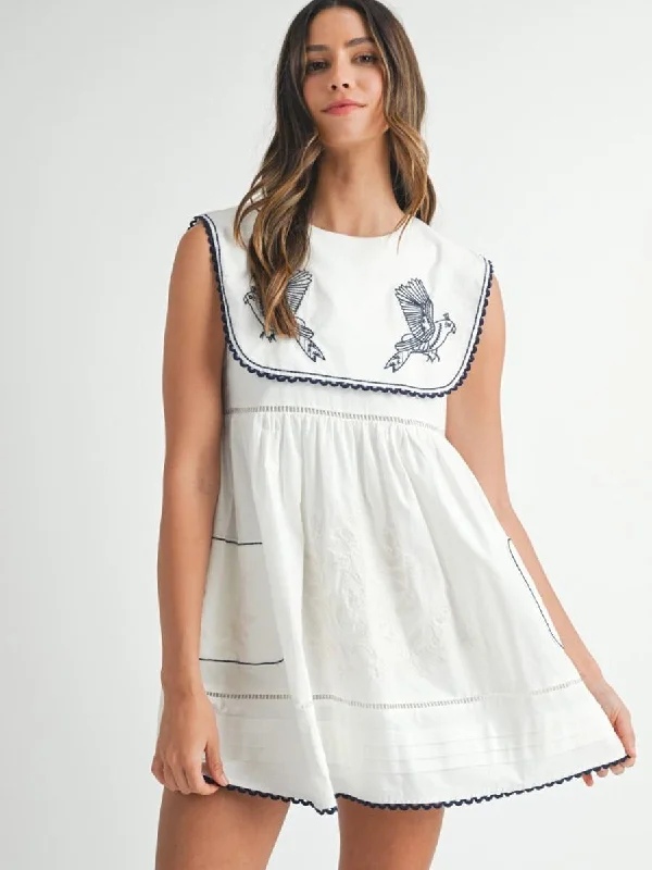 EMBROIDERED SAILOR COLLAR DRESS - WHITE