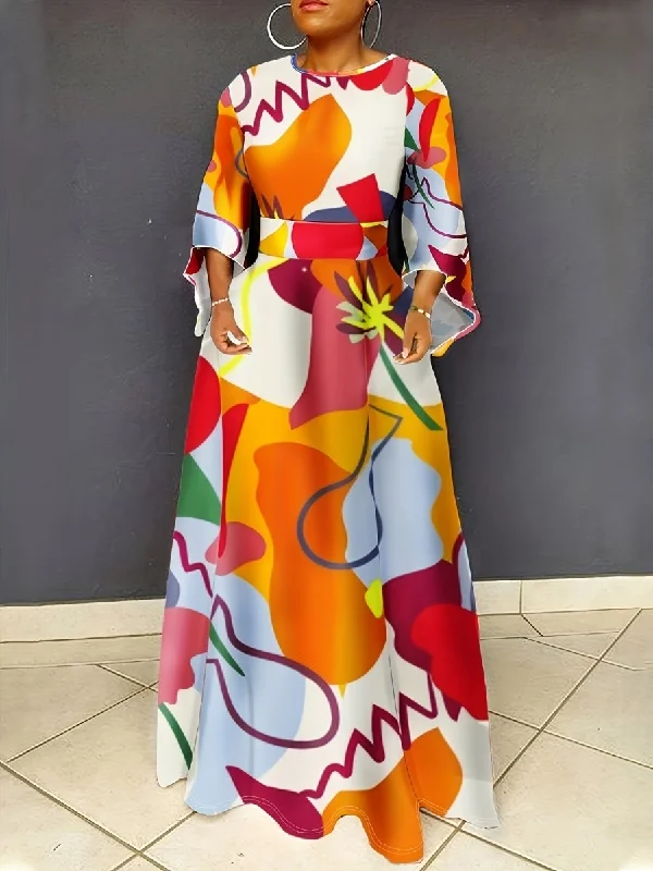 Plus Size Abstract Print Crew Neck Dress, Elegant Long Dress Waistband For Spring & Fall, Women's Plus Size Clothing