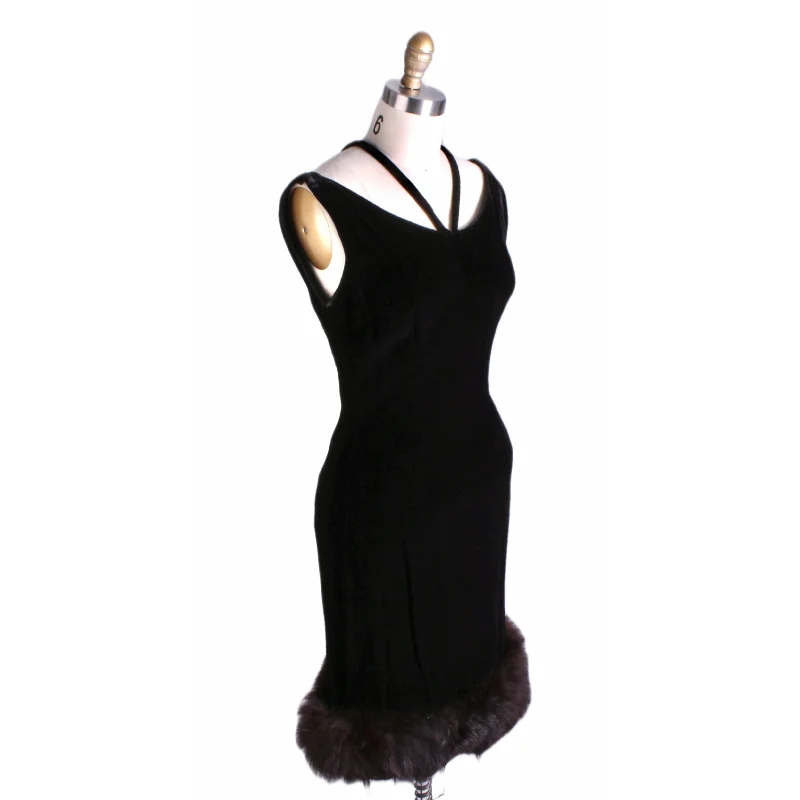 Black Velvet Vintage Cocktail Wiggle Dress Fox Trimmed Hem 1950s Womens Small