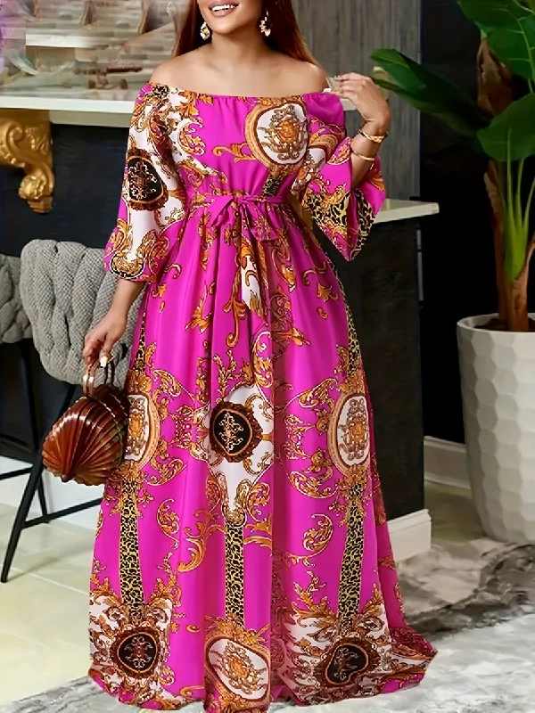 Tribal Print Off-Shoulder Belted Dress – Vintage Ruffle Hem Swing A-Line with Lantern Sleeves, Women's Fashion
