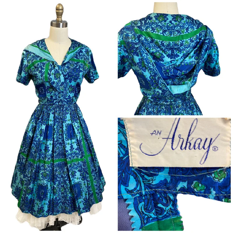 VTG Arkay Silk  Dress 50s Hooded Unique Blue Floral Border S Day Dress Zip Front