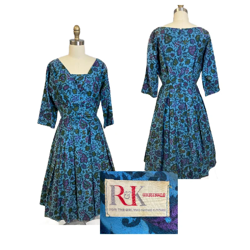 VTG R&K Original Dress 50s Polished Cotton Day/Party Blue Floral M/L Wide Waist