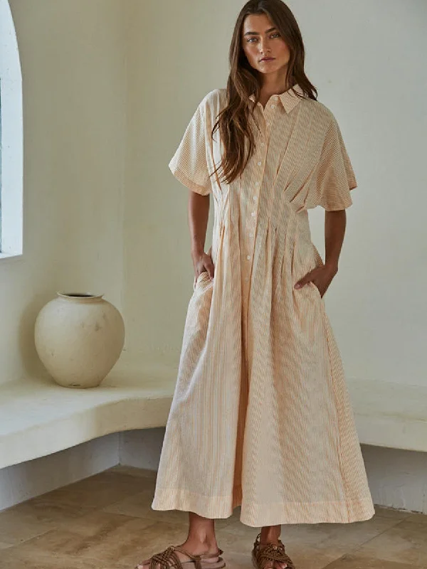 BUTTON FRONT PLEATED DRESS - CREAM/ORANGE STRIPE