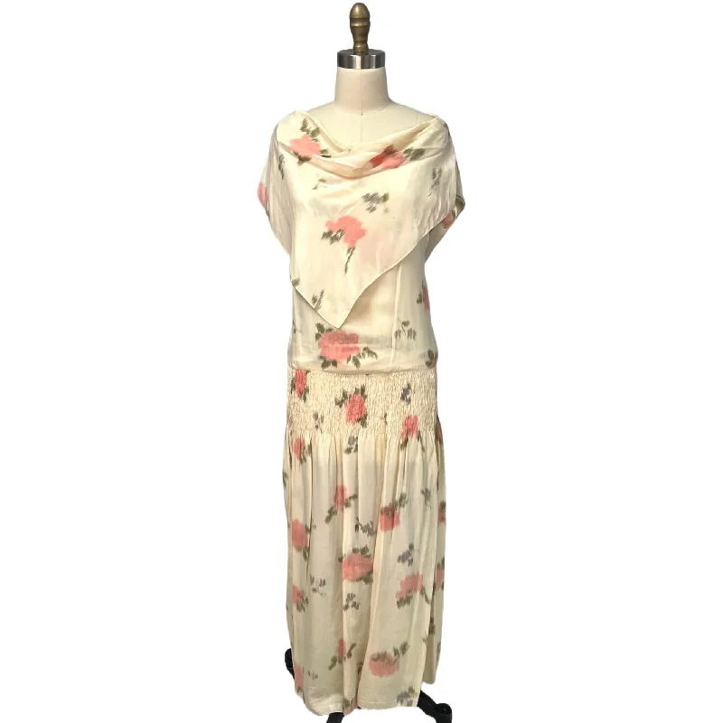 Vintage  Printed Silk Watercolor Smocked Waist  Tea Dress 1920s Rare Find  35-33-40