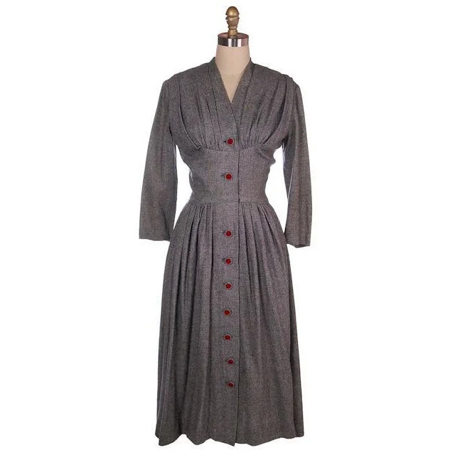 Vintage Charcoal Gray Tweed Wool Day Dress Ultra Late 1940s 38-26-Free