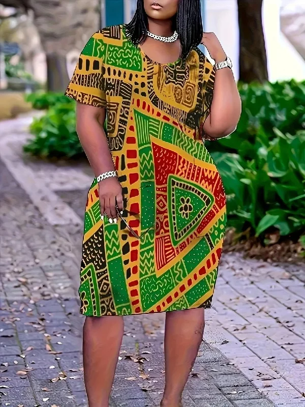 Plus Size African Print Tunic Dress for Women - Casual Crew Neck, Short Sleeve, Knit Polyester with Slight Stretch, Summer All-Over Print
