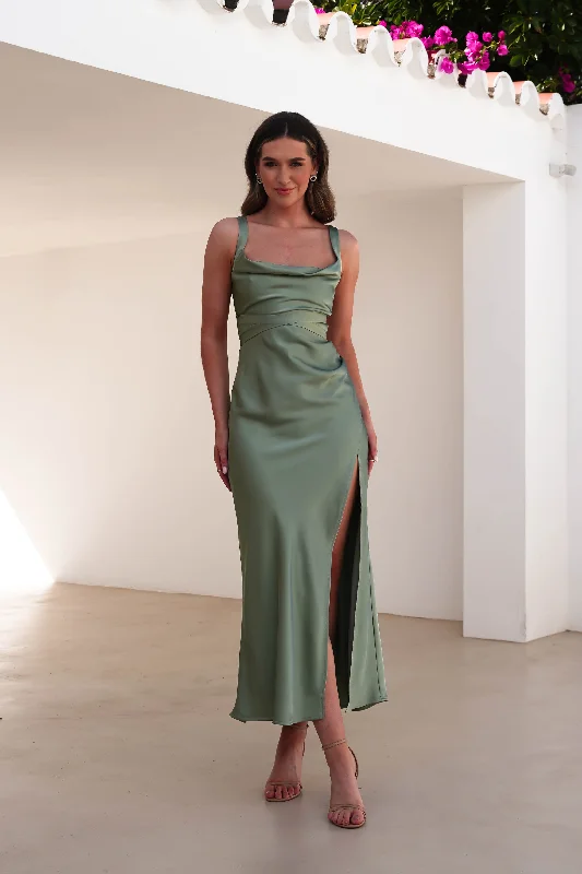 Salma Soft Matte Satin Midaxi Dress | Olive