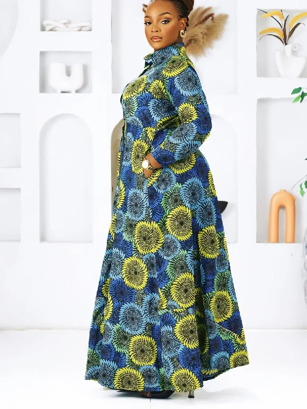 Plus Size Women's Geometric Print Casual Dress - Long Sleeve Collared Design with Button Detail, Spring & Fall