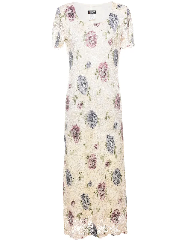 Floral Print Off-White & Blue Evening Dress - M
