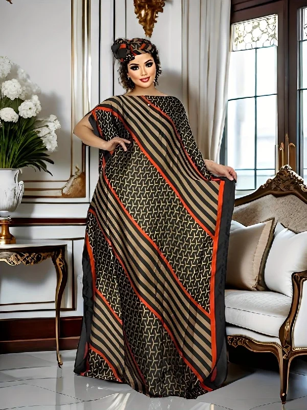 Plus Size Women's Colorblock Geometric Print Maxi Kaftan – Batwing Sleeve, Round Neck, Modest Dress