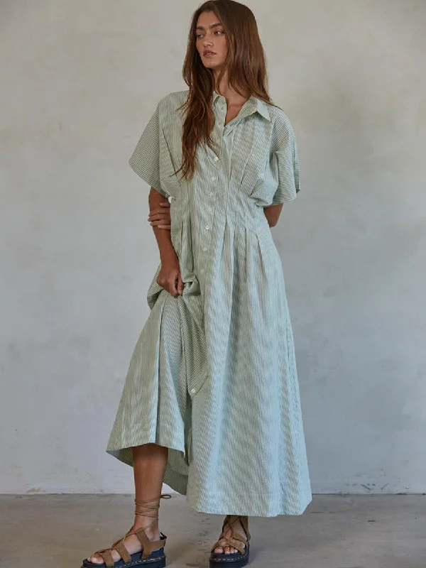 BUTTON FRONT PLEATED DRESS - CREAM/OLIVE STRIPE