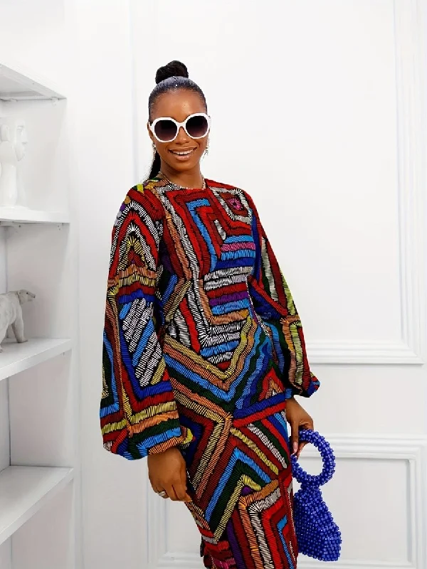 Plus Size Women's Colorful Geometric Print Dress - Casual Long Sleeve, Round Neck, 100% Polyester
