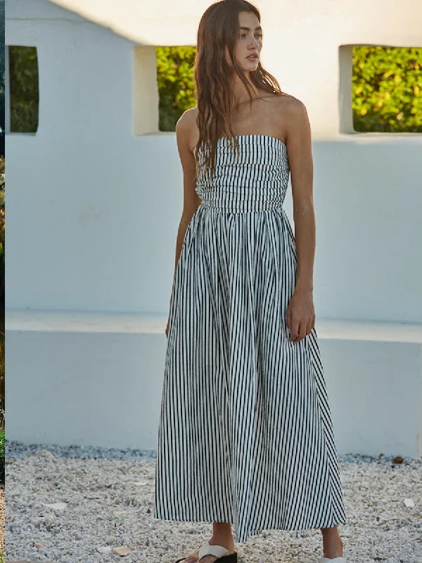 BANDEAU RUCHED BACK DRESS - OFF WHITE/BLACK