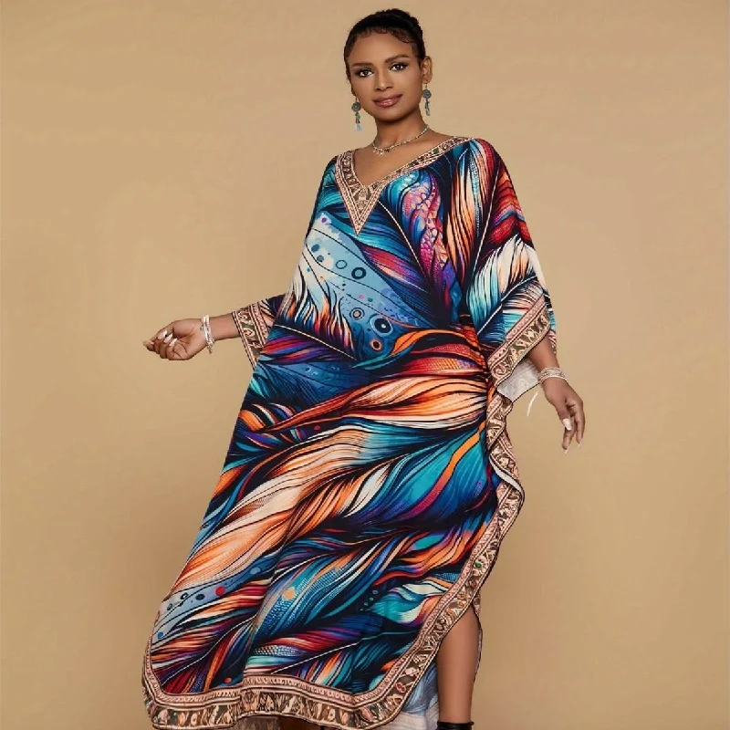 Plus Size Women's Comfortable Printed Kaftan Dress - Loose-Fitting Bohemian V-Neck Beach Cover-Up with Ethnic Style