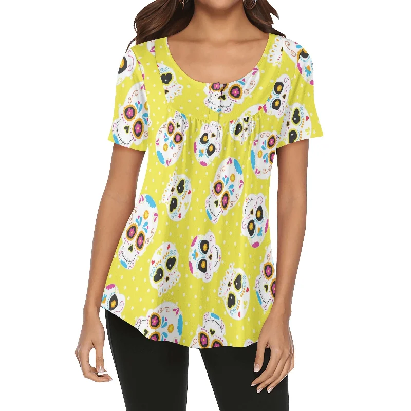 Be Bold & Express Yourself In The Captivating Women's Yellow Skulls V-neck Blouse Bell Sleeve Blouse Be Bold & Express Yourself In The Captivating Women's Yellow Skulls V-neck Blouse Bell Sleeve Blouse