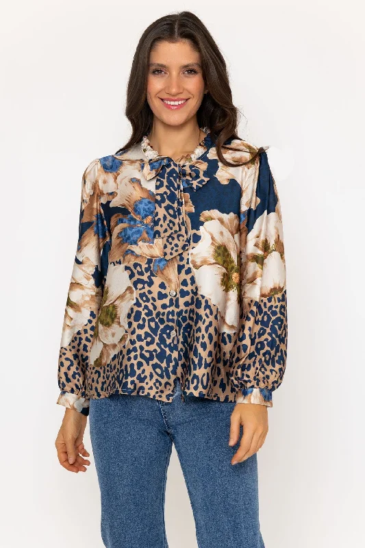 Blue Print Tie Neck Sateen Blouse