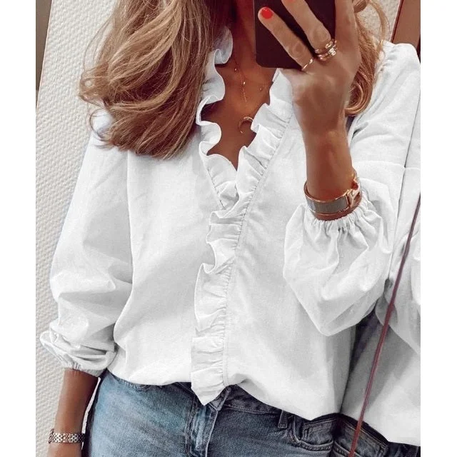 Casual V Neck Lantern Sleeve Ruffled Blouse