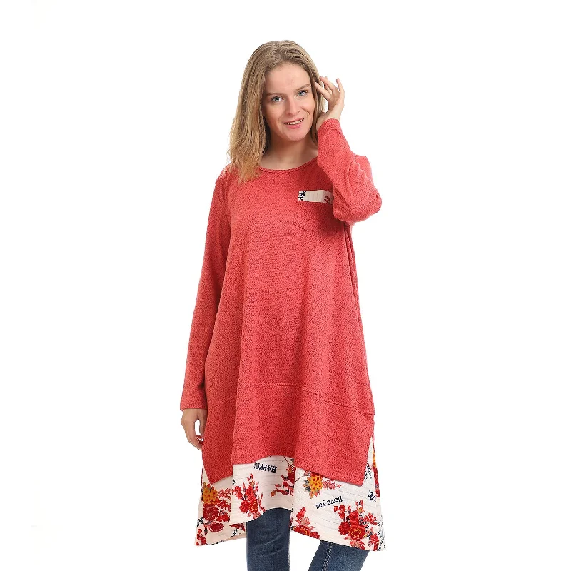 Crew Neck Solid Blouse With Floral Trim - Kady