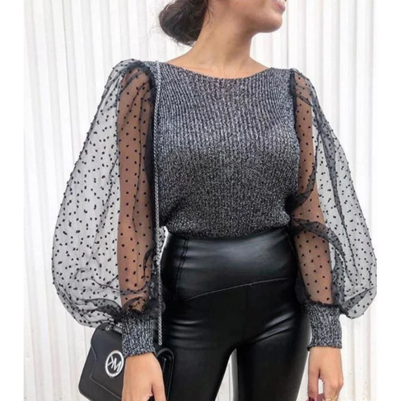 Elegant Knitted Patchwork Blouse Puff Sleeve O-neck Streetwear