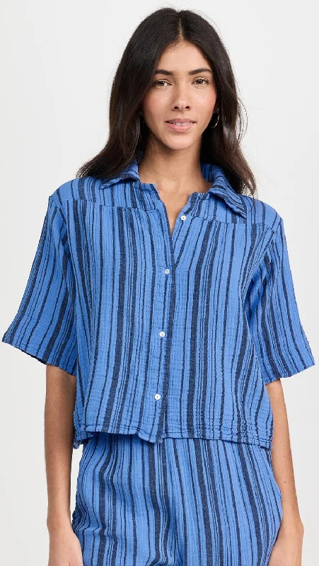 9Seed Encinitas Gauze Short Sleeve Button Down Blouse in Blue Lagoon