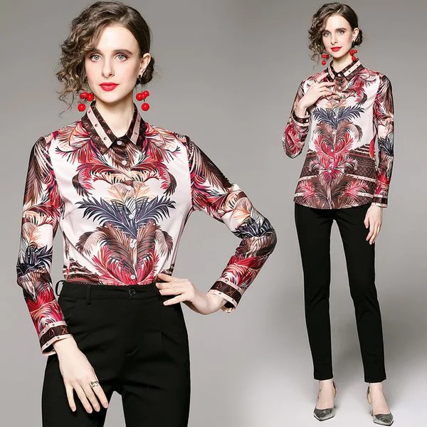 European style Fashion Printed Long sleeved Blouse