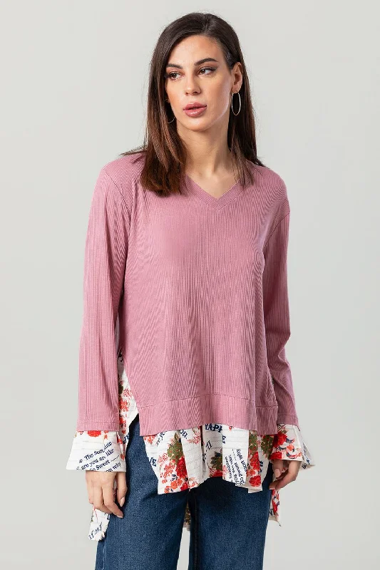 High-Low V-Neck Blouse With Floral Trim - Kady