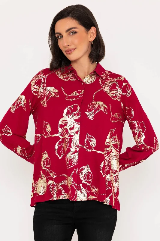 Long Sleeve Gold Foil Print Blouse in Burgundy