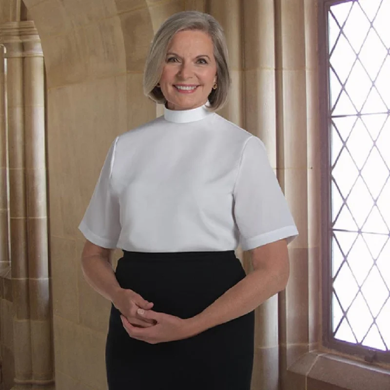 Murphy Short Sleeve, Neckband Collar White Shell Blouse