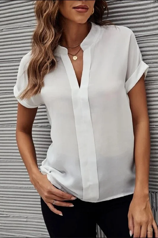 Notched Mandarin Collar Short Sleeve Blouse