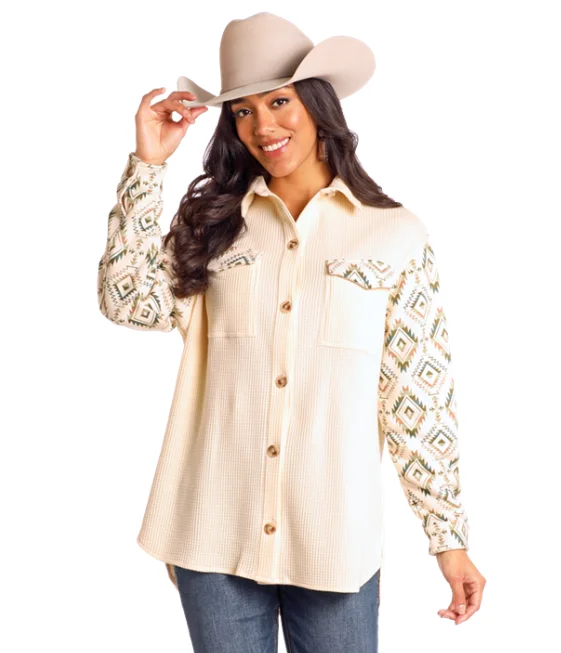 Rock and Roll Cowgirl Women's Ivory Aztec Waffle Knit Button Down Shacket BW92C04500 Drape Neck Blouse Rock and Roll Cowgirl Women's Ivory Aztec Waffle Knit Button Down Shacket BW92C04500 Drape Neck Blouse
