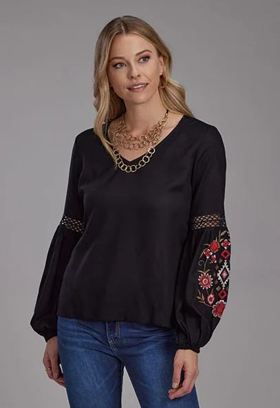 Roper Women's Black Embroidered V-Neck Long Sleeve Peasant Blouse 0565-7073 Slim Fit Blouse Roper Women's Black Embroidered V-Neck Long Sleeve Peasant Blouse 0565-7073 Slim Fit Blouse