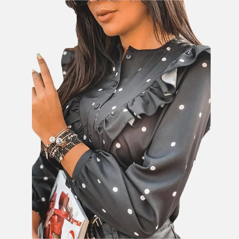 Ruffle Polka Dot Print Women's Blouse O-neck Buttons Long Sleeve Blouses