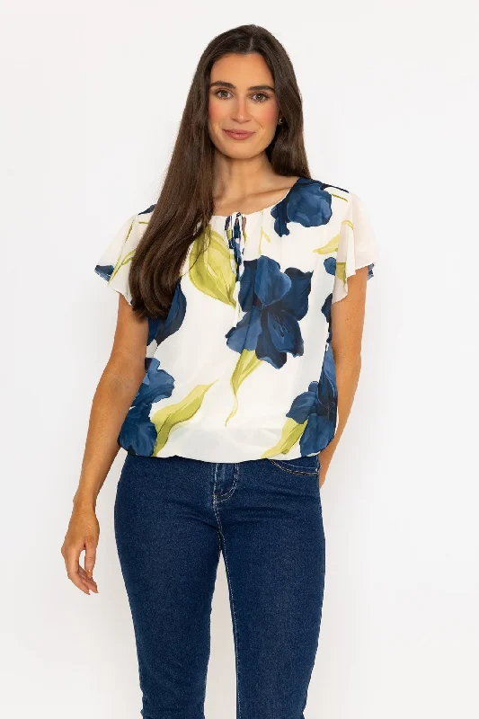 Short Sleeve Navy Printed Blouse With Tie Neck