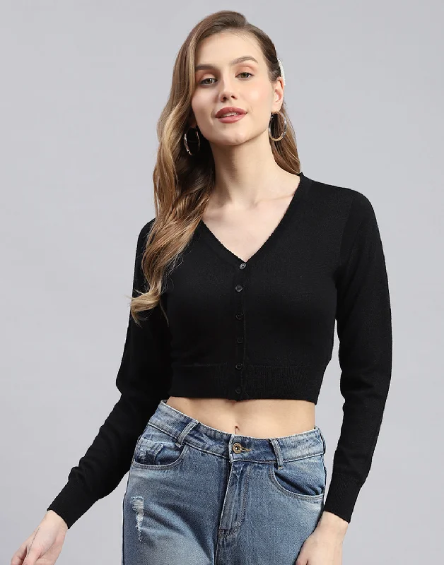 Women Black Solid V Neck Full Sleeve Blouse